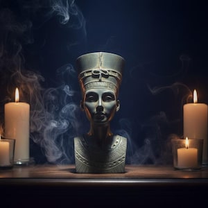 May include: A bust of Nefertiti, with a dark teal background, is the focal point. Lit candles and wisps of smoke create an atmospheric setting. The bust is a muted green color, and the candles are white.