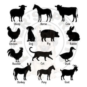 May include: A collection of black animal silhouettes arranged in a grid, including a sheep, horse, cow, chicken, dog, pig, rabbit, rooster, cat, duck, donkey, pony, and goat, each labeled with its corresponding name in black text below it.