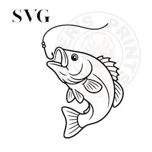 May include: A black and white digital graphic illustration of a fish caught on a fishing hook with a line. The word SVG is printed in the upper left corner. The design features bold outlines and a simple, clean aesthetic for clear visibility.