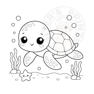 以下が含まれることがあります： 水中を泳ぐ漫画のウミガメの白黒イラスト。カメは笑顔の顔、大きな目、模様のある甲羅をしています。泡、海藻、ヒトデもデザインに含まれています。