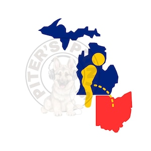 May include: A graphic featuring the outline of the state of Michigan in blue, with a yellow figure and a red outline of Ohio. A white German Shepherd dog wearing headphones is in the background. The text "PITER'S SUP" is in a circle.