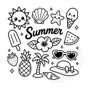 May include: A black and white line art illustration featuring the word Summer in cursive script surrounded by various icons including a smiling sun, seashell, starfish, ice cream cone, popsicle, hibiscus flower, watermelon slice, strawberry, pineapple, palm tree, heart-shaped sunglasses, sun hat, and a conch shell.