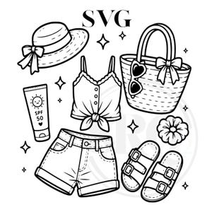 May include: A black and white line art illustration featuring summer items: a sun hat with a bow, a tote bag with a bow and heart-shaped sunglasses, a tie-front camisole, denim shorts, a tube of SPF 50 sunscreen, a scrunchie, and two-strap sandals.