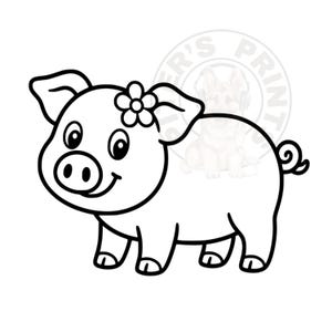 Puede incluir: Ilustración de dibujos animados en blanco y negro de un cerdo con una flor en el pelo. El cerdo está sonriendo y tiene una cola rizada. La imagen es un dibujo lineal sobre un fondo blanco.