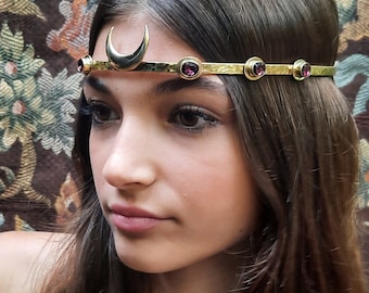 Circlet Crown Brass Royal Celestial Mediavalist Queen Costume Ruby Crystal Edwardian Renaissance Wedding