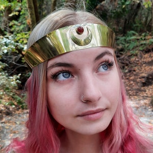 Circlet  Brass Crescent Moon Mother of Pearl Onyx Carnelian Green Shell Wide Crown Artemis Diana Halloween Costume - Spirit of the Goddess