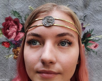 Goddess Coins (Pomone or Wind) on Double Brass Circlet Crown Headpiece -Festival wear Costume Roman French Halloween- Spirit of the Goddess