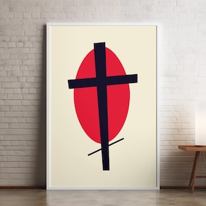 May include: A minimalist art print featuring a black cross over a red circle on a cream background.
