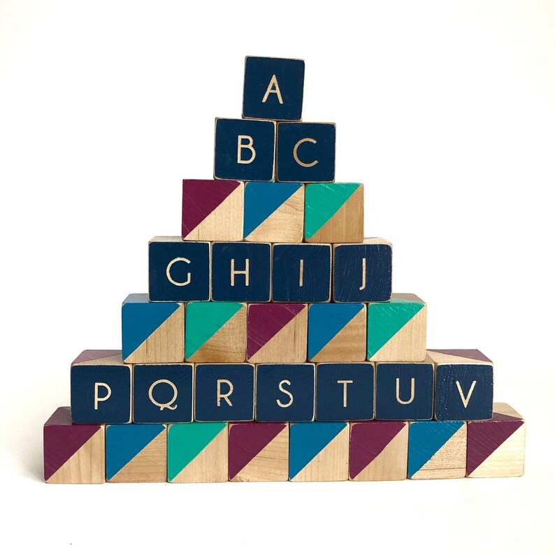Alphabet Wooden Baby Blocks Abc Wood Building Non Toxic Orange Blue Teal Set Of 30 Learning Toy Stacking Sight Word
