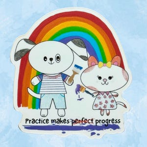 Niedlicher bunter Regenbogen Aufkleber, kawaii Hund und Katze, motivierende Vinyl Aufkleber, Übung macht den Meister, Laptop Aufkleber, Geschenktütenfüller