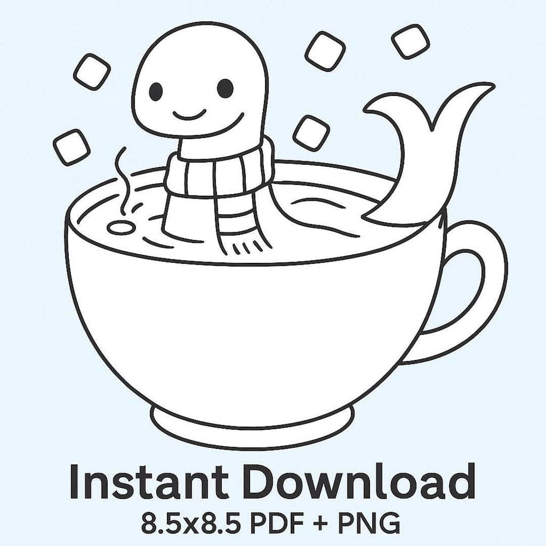 Nessy Colouring In Nessie Coloring Page: Kawaii Cryptid in Cocoa Cup (digital PDF) - Etsy