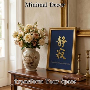 Muurdecoratie in Japanse stijl: Sereniteit, Rust, Diepe Kalmte, Marineblauw Goud, Zen Interieur, Minimalistische Kalligrafie, Digitale Download