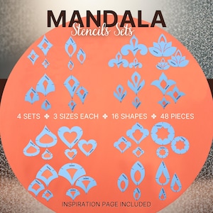 May include: An orange circular display of mandala stencils. The stencils are light blue and come in various shapes, including diamonds, hearts, and floral designs. The text "MANDALA Stencils Sets" is at the top. The display includes 4 sets, 3 sizes each, 16 shapes, and 48 pieces.