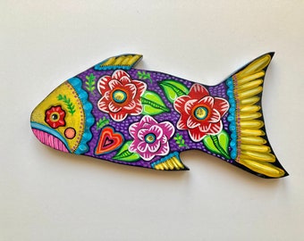 Original Fantaisie Peint Folk Art Poisson de Bois