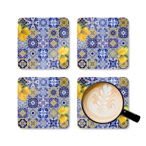 Lemon Tile Cork Coaster Set | Mediterranean Blue & Yellow Drink Coasters | Summer Home Decor Gift | Housewarming or Host Present