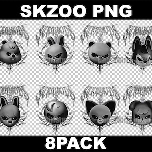 Op de afbeelding: Een verzameling van acht grijstinten cartoon diergezichten, elk met een uniek ontwerp, tegen een transparante achtergrond. De tekst "SKZOO PNG" en "8PACK" worden in het wit weergegeven. De diergezichten omvatten een beer, een konijn, een panda, een vos en een hond.