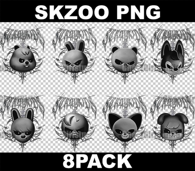 Op de afbeelding: Een verzameling van acht grijstinten cartoon diergezichten, elk met een uniek ontwerp, tegen een transparante achtergrond. De tekst "SKZOO PNG" en "8PACK" worden in het wit weergegeven. De diergezichten omvatten een beer, een konijn, een panda, een vos en een hond.