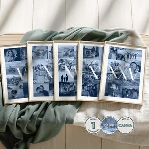 Könnte beinhalten: Fünf gerahmte Fotocollagen mit blau-weißem Farbschema. Jeder Rahmen zeigt eine Collage von Fotos und die römische Ziffer "X" und eine Zahl. Die Rahmen werden auf einer hellen Oberfläche mit einem grünen Tuch präsentiert.