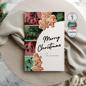 May include: A Christmas card with family photos, gingerbread men, and snowflakes. The card says "Merry Christmas" and "from The Petersons". The card has a white background with green and pink accents.