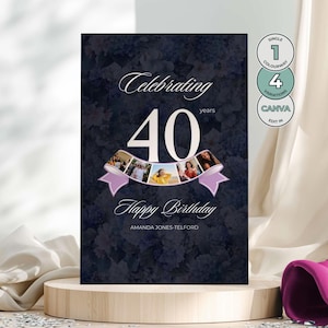 40th Birthday Photo Banner Sign Collection, Blue Floral Party Welcome Poster Templates, Birthday Memories Display Set - BD01