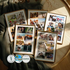 May include: Five framed photo collages with gold-colored frames, each featuring multiple family photos. The collages are arranged on a wooden tray. The text "OUR FIFTH YEAR" and "BABY" are visible on two of the frames. The image also includes the text "ORIGINAL CANVA".