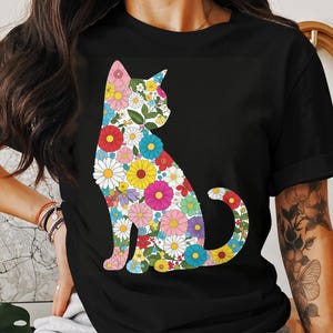 Floral Cat T-Shirt | Colorful Boho Kitty Shirt | Cute Flower Cat Graphic Tee | Cat Lover Gift | Botanical Animal Shirt Women