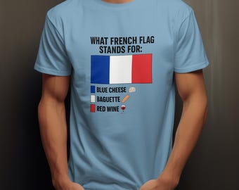 Puede incluir: Camiseta azul claro con el texto "WHAT FRENCH FLAG STANDS FOR:" encima de un gráfico de la bandera francesa. Debajo de la bandera hay ilustraciones de queso azul, una baguette y vino tinto.