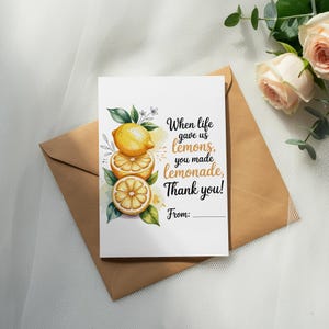 Zitronen-Dankeschön-Karte, digitale Begrüßung, druckbare Postkarte, wenn das Leben Ihnen Zitronen gibt, Aquarell Zitronen, positive Karte, danke Geschenk