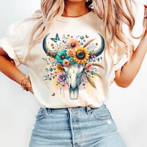 Boho Floral Bull skull PNG, Watercolor Boho Cow Skull, Floral cow skull western PNG, Gift For Her, Boho Mom Png, Boho Bull Skull PNG