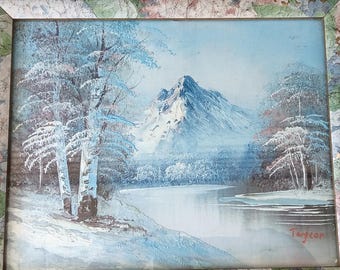 Original Landscape Painting Vintage Oil on Canvas Winter Mountain Scene