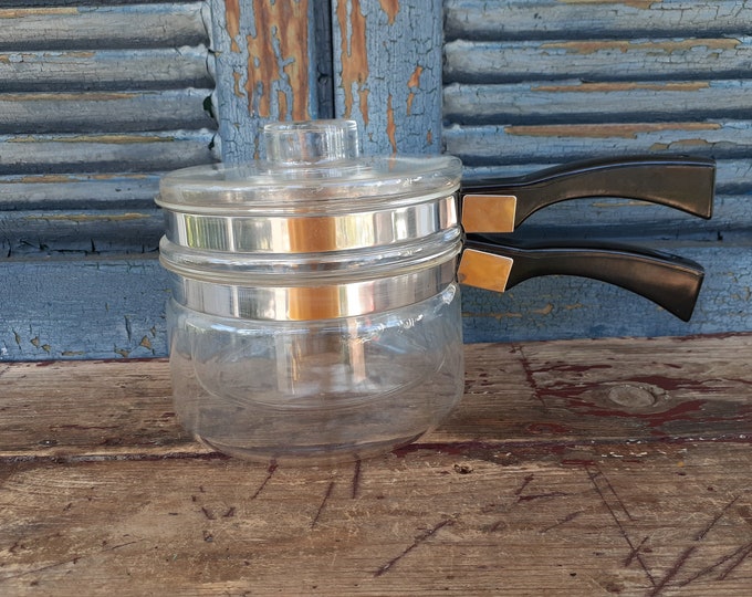 Vintage Clear Glass Double Boiler Bamborine Mid Century Cooking Mid