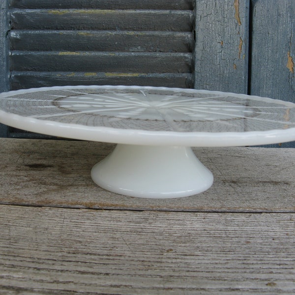 milkglass cake stand Anchor Hocking gold accents vintage wedding 50th anniversary shabby cottage