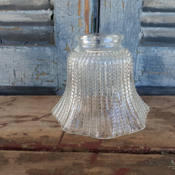 pressed glass lamp shade beaded design  victorian style beaded details ruffled edge  clear glass shade