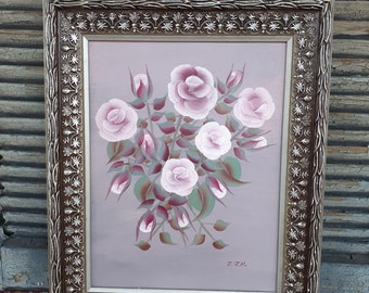 vintage signed original painting pink roses