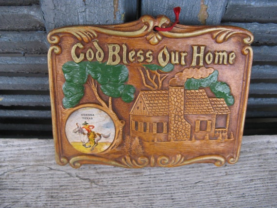vintage God Bless Our Home plaque Texas souvenir mid century
