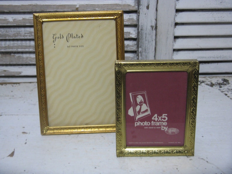 vintage gold metal frame set 4 by 5 and 5 by 7 easel backs embossed designs