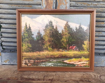 Vintage Mount Shasta Landscape Lithograph Print Robert Wood Wooden Frame