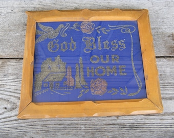 Vintage "God Bless Our Home" Foil Art, Maple Frame, Americana Decor