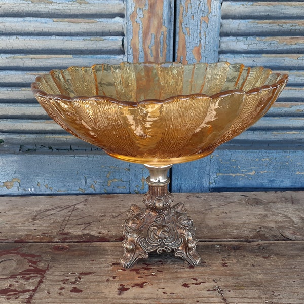 Vintage Amber Glass Compote Ornate Gold Metal Base Old World Old Money