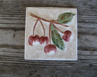 vintage hand made Spanish tile cherries 4 inch square french country old world look