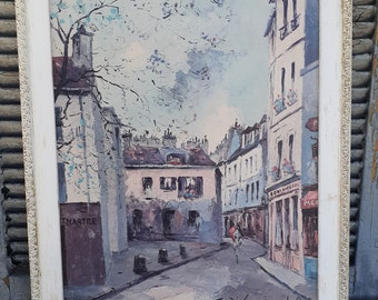 vintage lithograph print European street scene painted wood frame mid century art