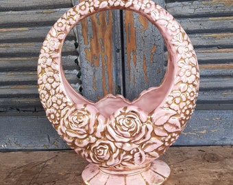 Vintage Ceramic Moon Vase Pink and Gold Flowers Feminine Gift Idea