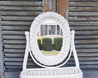 Vintage White Wicker Mirror Basket Combination Cottagecore