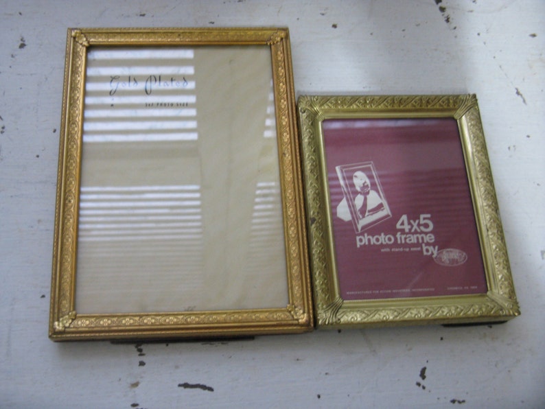 vintage gold metal frame set 4 by 5 and 5 by 7 easel backs embossed designs