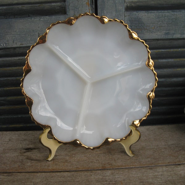 Anchor Hocking milkglass divided serving dish gold leaf  mid century entertaining