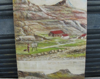 vintage hand painted landscape acrylic on board original artwork cabin decor