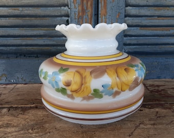 vintage cased glass GWTW shade hand painted yellow roses parlor shade grannie chic pendant lamp shade cottage