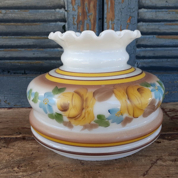 vintage cased glass GWTW shade hand painted yellow roses parlor shade grannie chic pendant lamp shade cottage