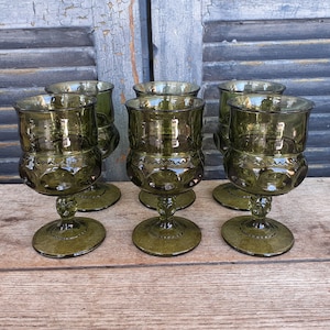 Vintage Kings Crown Green Glass Set: Mid Century Water Wine Goblets