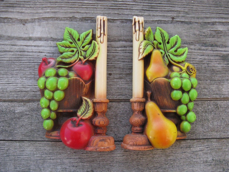 Vintage Chalkware Plaques Plaster Fruit Wall Hangings Kitchen Etsy